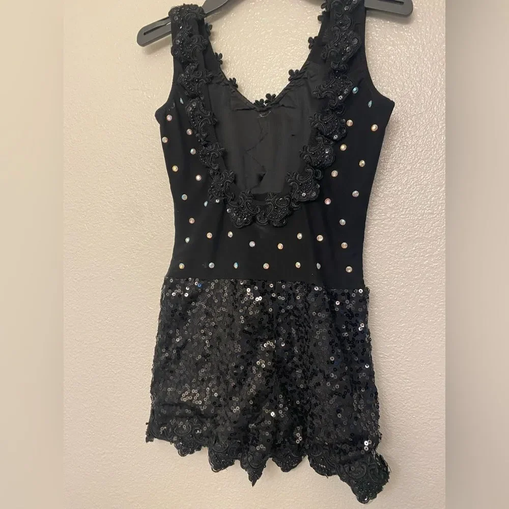 Glamour solo dance costume black mesh biketard bling jazz musical MA adult